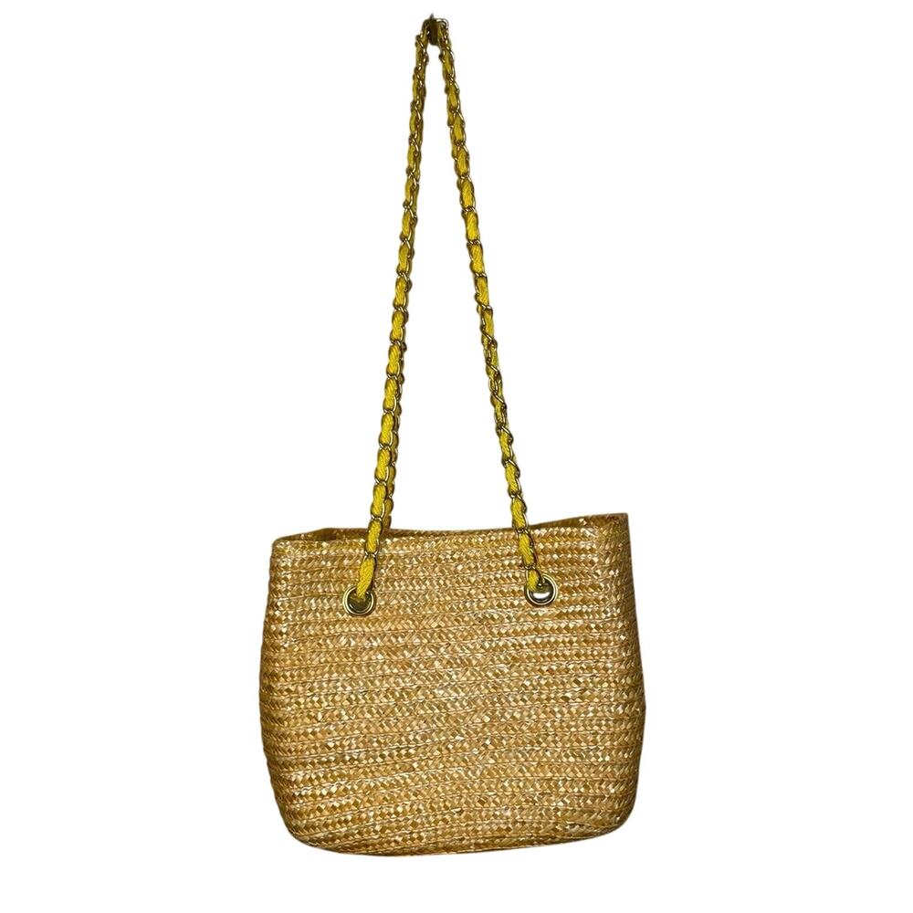 VTG Worthington Straw Bucket Bag W/ Gold Chain Strap & Bright Yellow Lining